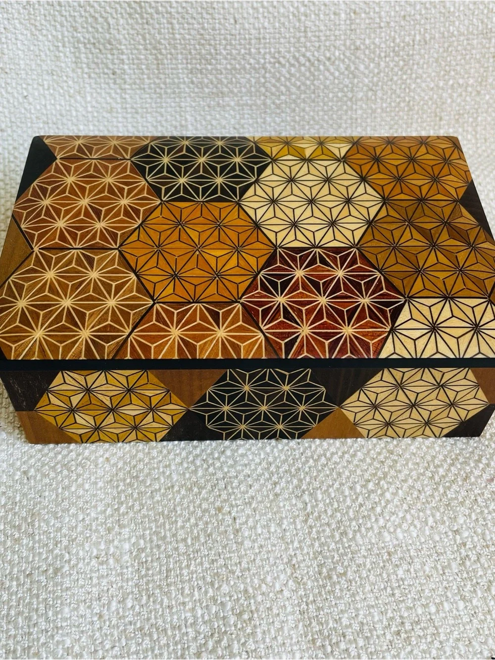Vintage Handcrafted Geometric Inlay Wood Keepsake Jewelry Box Honey Brown